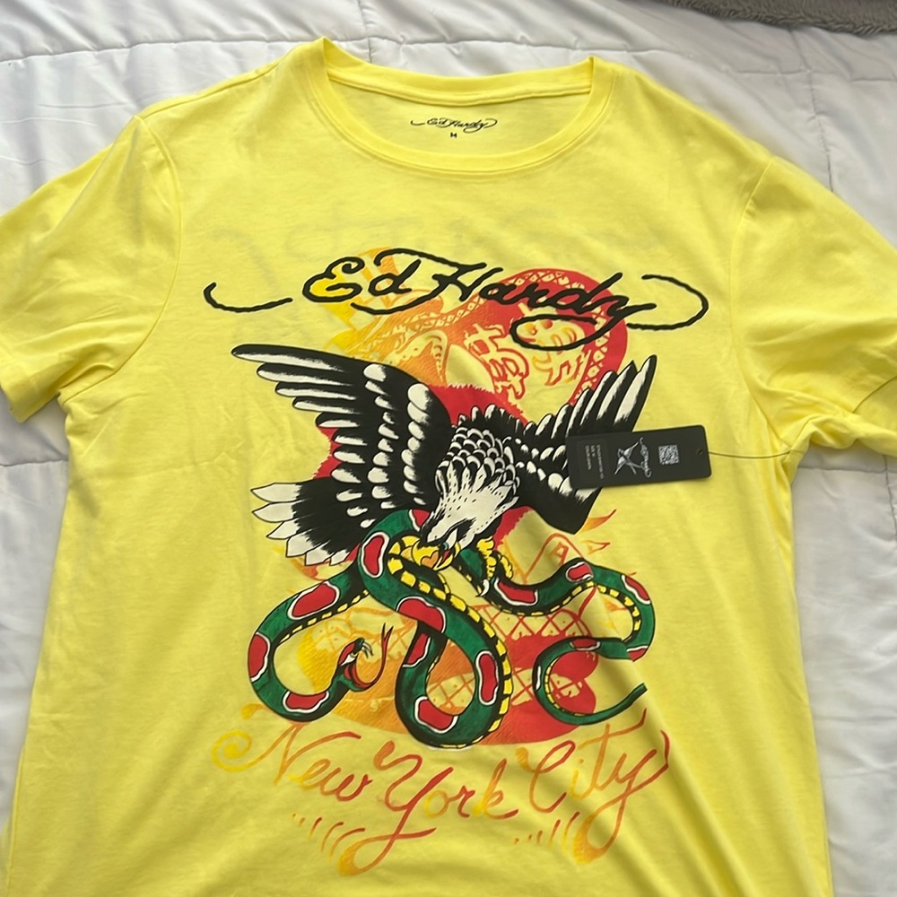 Ed Hardy Eagle serpent graphic yellow T-shirt, medium